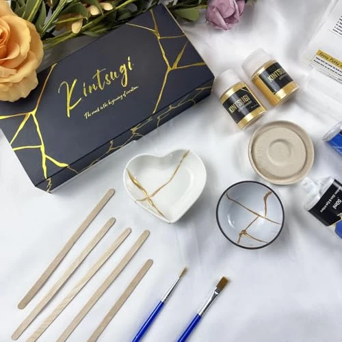 Kit Kintsugi diy, Kintsugi Kit Reparation or, Réparez vos Céramiques Significatives Avec de la Poudre d'or, de la Colle Dorée Kintsugi et du Mastic époxy, kit de Réparation en Céramique Pour Débutants