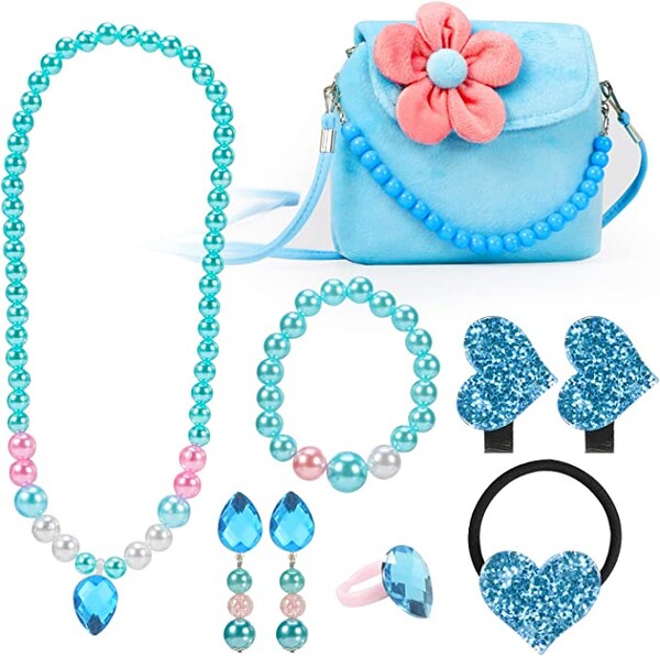 Hifot Bijoux Enfants Petites Filles Sac à Main en Peluche Collier Bracelet Boucles d'oreilles Bague Pinces à Cheveux Set, Robe Princesse Bijoux de Fantaisie Cadeaux de fête : Amazon.fr: Mode