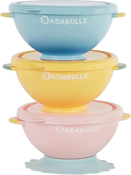 Badabulle Lot de 3 bols Funcolors Bowls avec couvercles et ventouse anti-dérapante, 330ml