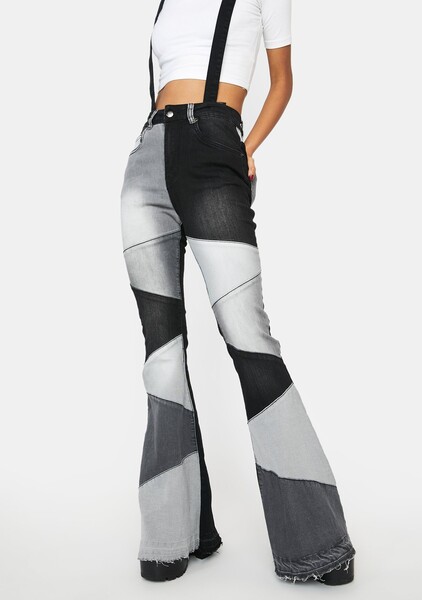 Patchwork Flare Denim Jeans With Suspenders - Black