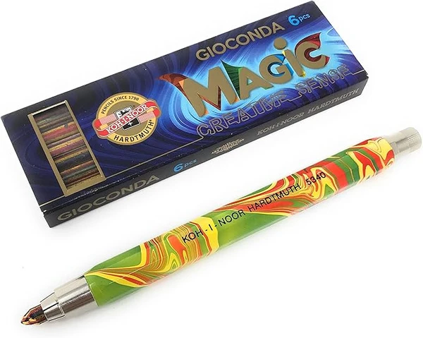 Koh-I-Noor 5340M - Porte-mine en métal - Avec taille-mine - Épaisseur de mine : 5,6 mm - Magic (multicolore) - Avec 6 mines multicolores