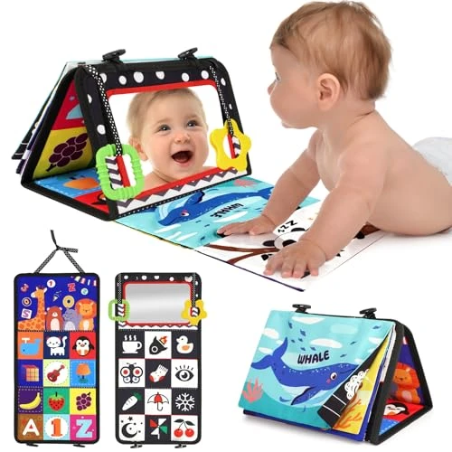 URMYWO Jouet Bebe 0-3-6-9-12 Mois - Miroir d'Éveil Pliable avec Jouet de Dentition et Livre Papier froissé Sensoriel - Montessori Noir et Blanc à Motifs Contrastés pour l'Éveil des Bébés