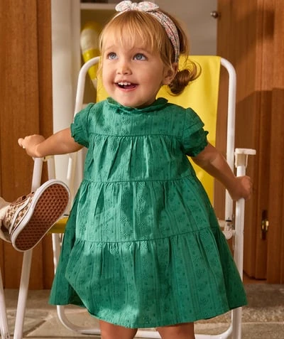 Robe bébé fille verte col claudine en coton à manches courtes