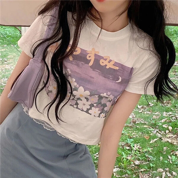 Top court Vintage imprimé de fleurs violettes pour femmes, Streetwear des années 90, Y2K, Harajuku, amusant, japonais, Kawaii, été