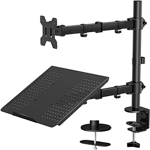 HUANUO Support Écran PC avec Plateau pour Ordinateur Portable, Bras Ecran PC, Bras pour Moniteurs de 13 à 27 Pouces &amp; Ordinateur Portable jusqu'à 17 Pouces, 2 Options de Montage
