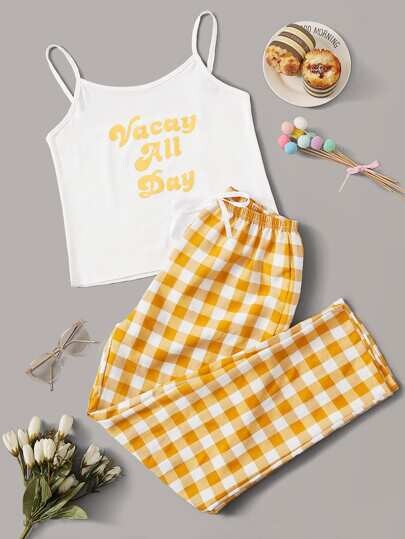 Ensemble de pyjama à carreaux à imprimé lettres