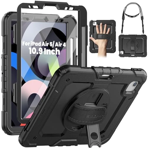  Coque pour iPad Air 5/4 10,9 Pouces 2022/2020,Étui Antichoc Robuste avec Protecteur D'Ecran,Support Rotatif 360 Degrés/Dragonne, Porte-Crayon, Bandoulière,Coque pour iPad Air 5,Noir