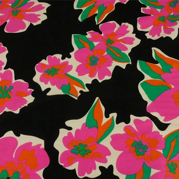 Twill de viscose à motifs fleurs abstraites fuchsia - noir | Tissu extensible et élégant