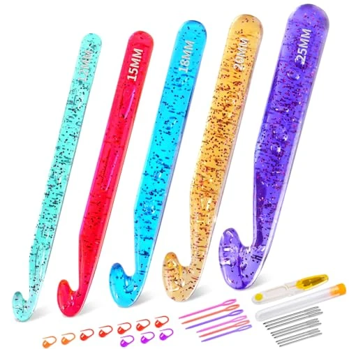 Ruasol Grand kit de crochet de 12 mm à 25 mm - Kit de crochet géant pour crochet épais - Aiguilles à crochet en cristal transparent pour tricot, tissage de tapis, bricolage