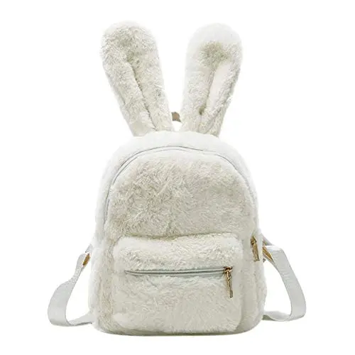Mini sac à dos en fausse fourrure avec oreilles de lapin mignon, blanc, 9.84" x 7.8" x 3.91", Cartables