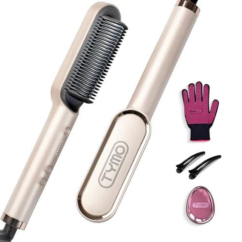 TYMO RING Brosse Lissante Pour Cheveux, Fer à Lisser Avec Peigne IntéGré, 20s PTC Chauffage &amp; 5 RéGlages De TempéRature &amp; Anti-BrûLure, Professionnels Hair Straightener, Lisseur Cheveux (Or)
