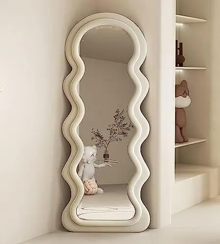 FAVEDECOR Miroir Pleine Longueur 160 x 60 cm, Miroir de Sol ondulé irrégulier, Miroir Mural à Suspendre ou à Poser Contre Le Mur pour Chambre à Coucher, Miroir enveloppé de Flanelle avec Cadre Blanc