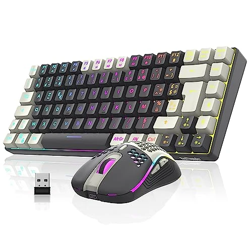 RedThunder K84 Combo Clavier et Souris Usb sans Fil Gamer, AZERTY Français, Batterie Rechargeable RVB Rétroéclairée, Clavier TKL à 75% et Souris Optique Légère en Nid d'abeille 3200 DPI (Blanc-Gris)
