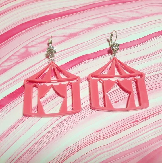 Candy Pink CIRCUS TENT Earrings with Silver & Rhinestone Wrap Around Hooks // Lever back // Ear Wire , Acrylic, Lasercut Jewelry