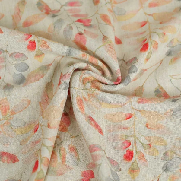 Tissu viscose-lin Lisy à motif feuillage rouge | Tissu pour couture d'habits fluide et léger