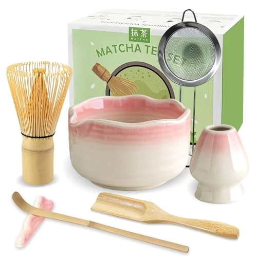 JBER Matcha Kit 7 Pièces, Matcha Set - Fouet en Bambou pour Matcha, Bol à Matcha à Buse, Support pour Fouet, Tamis à Matcha, Kit de Thé Japonais pour Amoureux du Matcha - Dégradé Rose