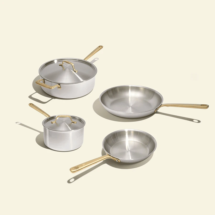 Batterie de cuisine en inox avec manches dorés, 7 pièces