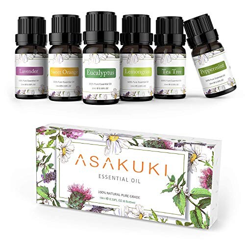 Huiles Essentielles, Coffret Cadeau Pures ASAKUKI 6 x 10 ml, Lavande Naturelle, Eucalyptus, Citronnelle, Arbre à Thé, Orange Douce et Menthe Poivrée, Diffuseur, Humidificateur, Massage
