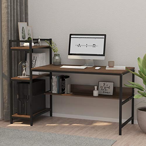 Dripex Bureau d'Ordinateur Moderne en Bois, Table de Bureau avec 4 Etagères de Rangement, Poste de Travail pour Bureau et Domicile 136 x 60 x 111 cm - Brun
