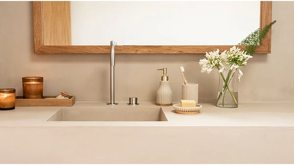 Distributeur de savon - Résine beige et bois - OCEANO
