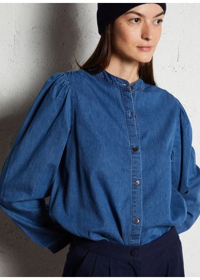 Chemise col officier droite en coton mélangé | Jean brut