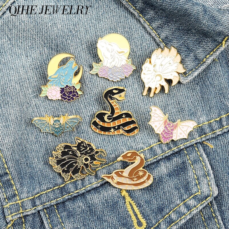 Broche en émail Animal nocturne, broches, loup, chauve-souris, serpent, renard, lune, soleil, étoile, noir, Punk, amoureux, Couple, bijoux