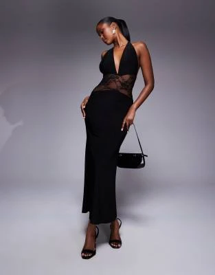 ASOS DESIGN - Robe longue à décolleté plongeant et empiècement en dentelle - Noir