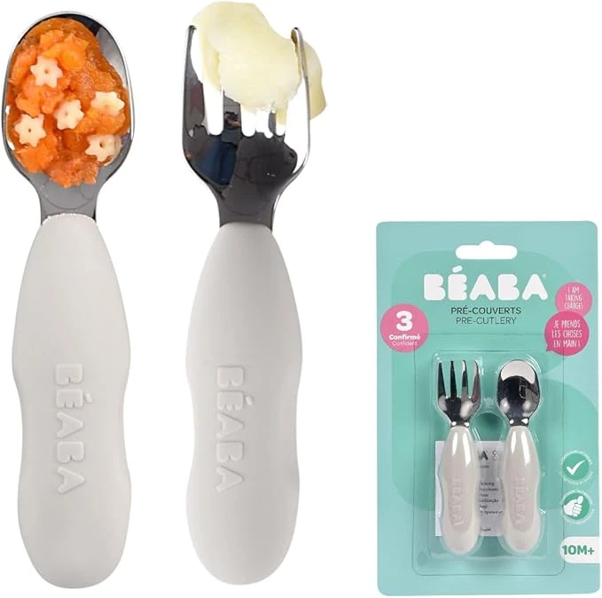 BEABA, Lot de 2 pré-couverts Inox et Silicone, Couverts Bébé, Couverts Enfant, Dès 10 Mois, Forme Ergonomique, Manche Ergonomique, Couverts Bébé Apprentissage, Velvet grey
