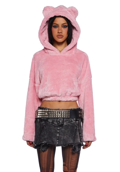 Pastel Goth Cozy Fuzzy Faux Fur Cropped Bear Pullover Hoodie - Pink