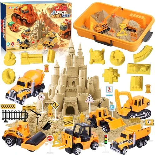 JEDWKFA Sable Magique, Sable Jouet Magique, Sable Cinétique Enfant, Sable Magique Chantier, Avec Véhicule D'ingénierie, Moule de Château, Bac à Sable, pour Enfants 3 4 5 6 Ans