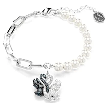 Bracelet Swan, Perle de cristal, Cygne, Noir, Métal rhodié