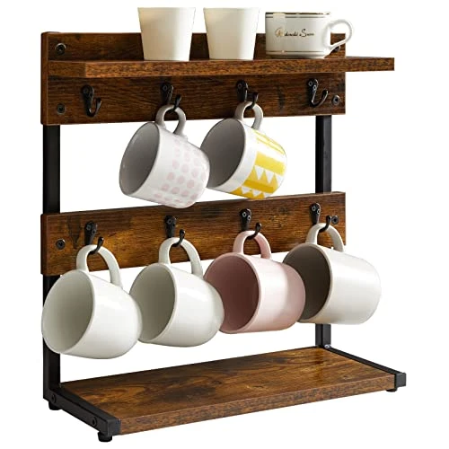IBUYKE Support rustique pour tasses à café à 2 étages avec base de rangement, porte-tasses vintage pour cuisine, peut contenir 8 tasses, marron rustique TBJ002H