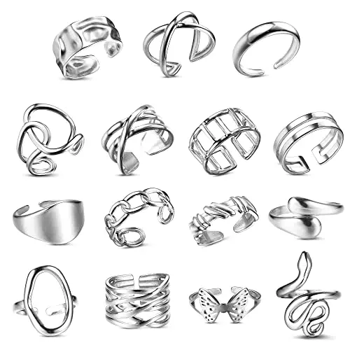 LOLIAS 12 Pièces Bague Argent Femme Acier Inoxydable Ouvert Réglable Vague Bague Câlin Main Doigt Anneaux Pouce Empilables Noeud Plume Knuckle Bague Orteil Lot Bague pour Femmes Filles