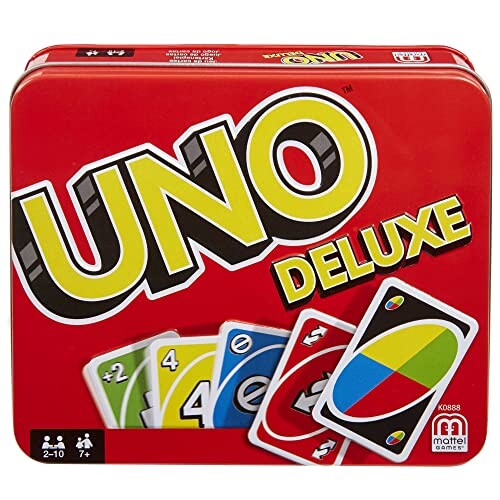 UNO Deluxe, Jeu de 108 cartes avec boîte solide en métal colorée, 2 à 10 joueurs -individuellement ou par équipes, Jouet Enfant, Dès 7 ans, K0888