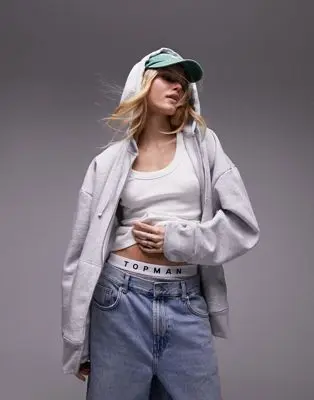 Topshop - Sweat à capuche zippé de qualité supérieure - Gris chiné