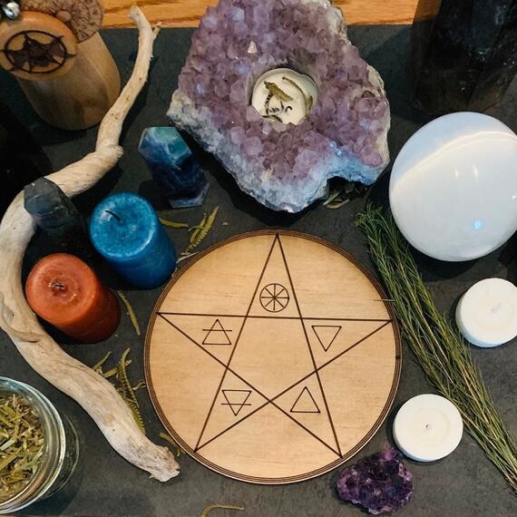 Pentacle / Pentagram Crystal Grid Orale de bois en bois géométrie sacrée carrelage