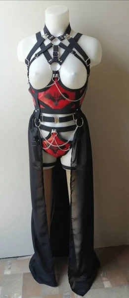 Bat inspired outfit red full body vampire style gothic harness witchy outfit printed bat skeleton halloween