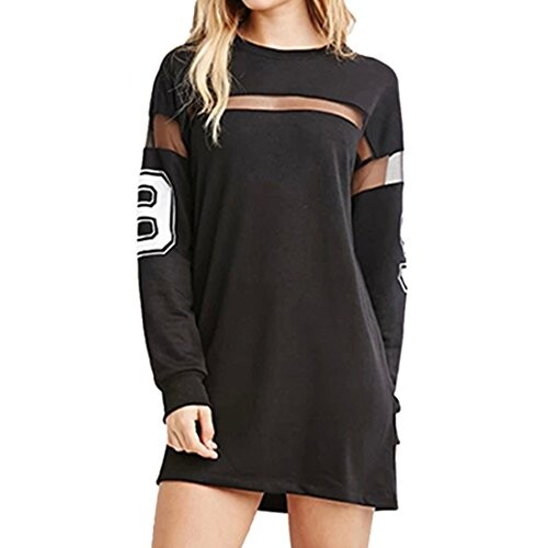 QIYUN.Z Femmes Noires Imprimes Baseball T-Shirt Manches Longues epissage Robe Mini-Jupe, Noir, X-Large