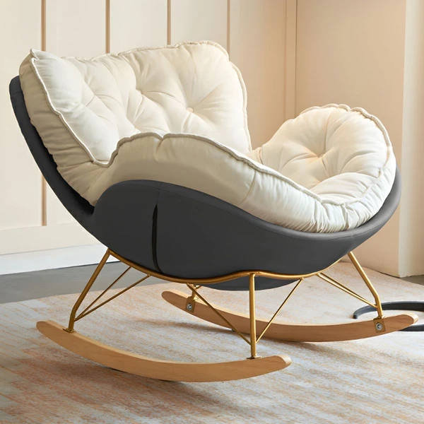 Chaise à bascule moderne et confortable avec pieds en bois naturel et accoudoirs rembourrés - Fauteuil à Bascule Beige-Gris Chaises à bascule