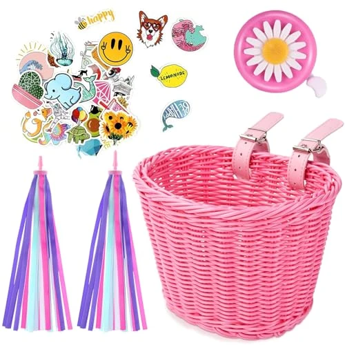 EUZLABBY Panier Velo Enfant,Tricotage à la Main Panier Vélo,Panier de Vélo,avec Sangle en Cuir,clochettes et Serpentins, Autocollants,pour Décoratif Vélo,draisienne,Scooter,pour Filles Garçons.