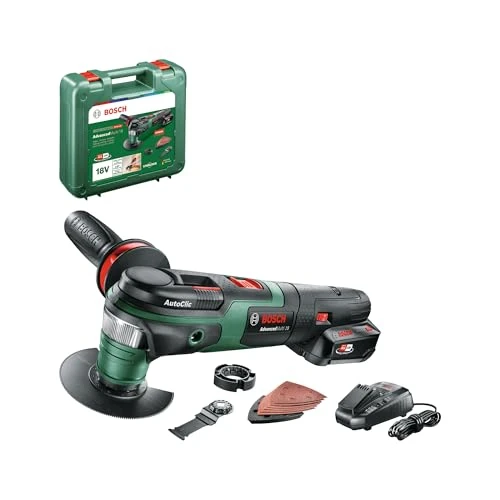 Bosch outil multifonctions sans fil AdvancedMulti 18 (Batterie, chargeur, plateau de ponçage triangulaire, feuilles abrasives, 2 lames de scie, poignée supplémentaire, coffret, système 18V, 2,5 Ah)