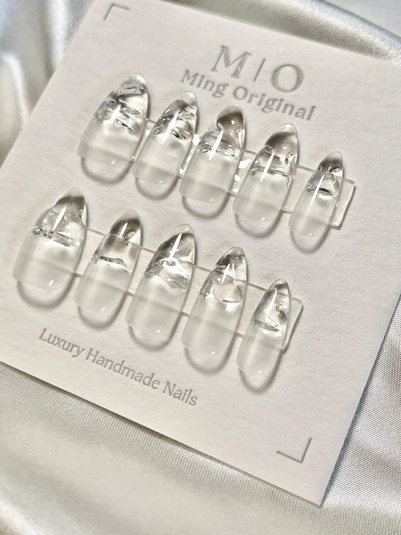 Ongles à pression encapsulés effet eau claire, ongles en gel constructeur fait main, ongles jelly, cadeau d'anniversaire Saint-Valentin