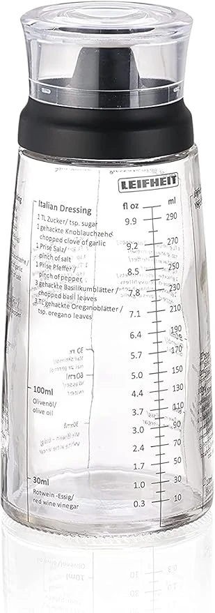 Leifheit Shaker pour Vos assaisonnements, Shaker Vinaigrette, Verre doseur gradué pour Faire des mélanges, ustensiles de Cuisine Multifonctions, Flacon doseur ML de 300 ML 3195