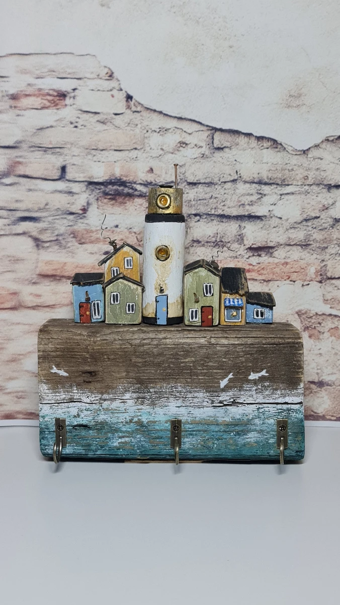Bois flotté | Porte-clés thème marin "Village côtier" | Décor d’art à la maison | Décoration murale | Cadeaux | Chalet miniature