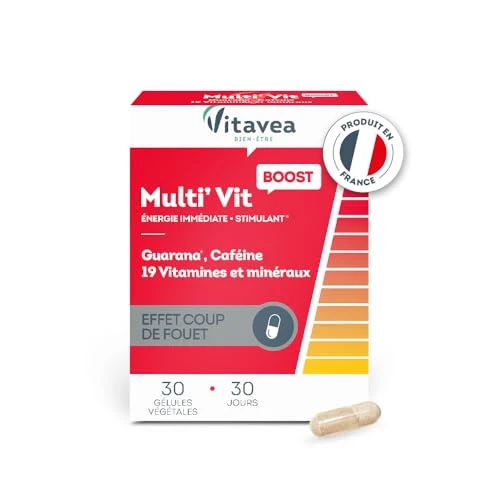 Vitavea - Multi'Vit BOOST - Complément Alimentaire Energie - Stimulant, Effet coup de fouet - Caféine, Guarana, Vitamine C et D, Magnésium, Zinc - 30 gélules - Cure 1 mois - Fabriqué en France