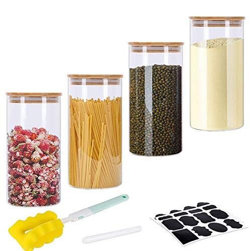 GoMaihe Bocaux Conservation Verre 1.2L, Hermétique Bocal en Verre avec Couvercle en Bambou et Rondelle en Silicone Pot en Verre à Haute Teneur en Borosilicate, Lot de 4