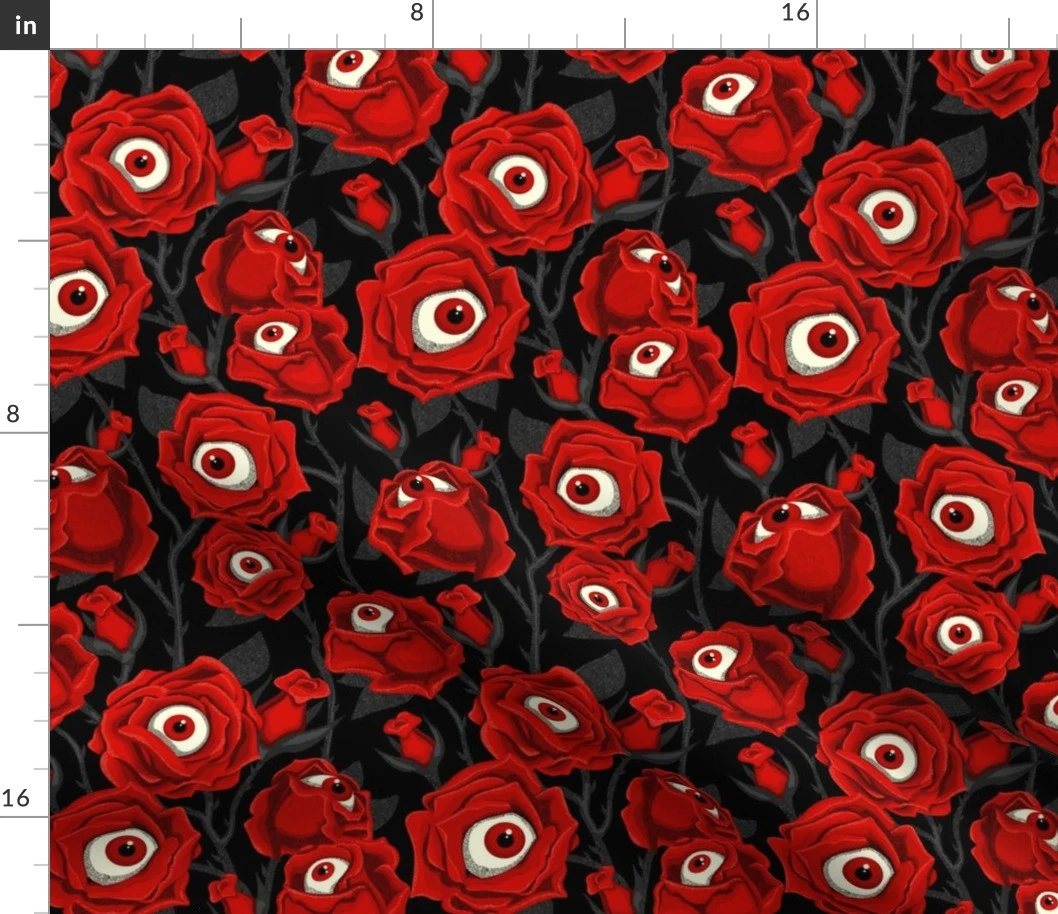 Halloween Roses & Eyeballs - Black Fabric | Spoonflower