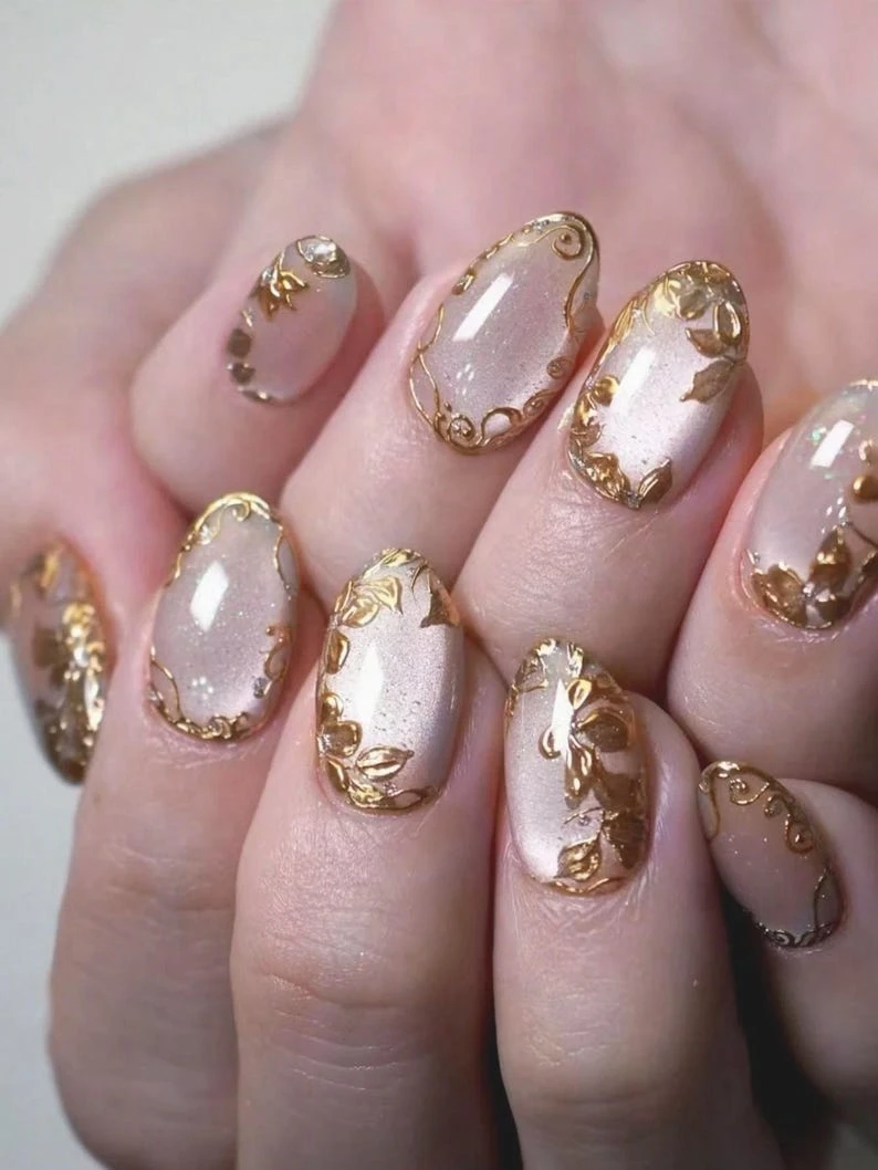 Bricolage automne automne floral oeil de chat 24 pièces presse sur les ongles Faux faux ongles OVALE court 642111