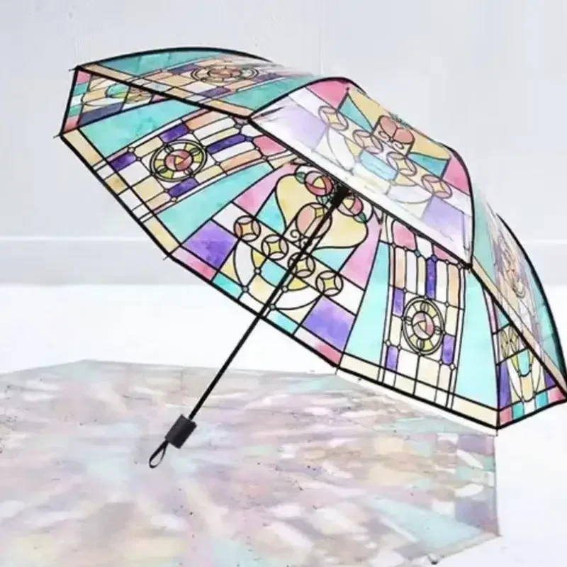 Parapluie pliant automatique en vitrail Vintage, parapluies transparents peints à la main, romantique ensoleillé, parapluie de voyage Portable élégant - AliExpress 15