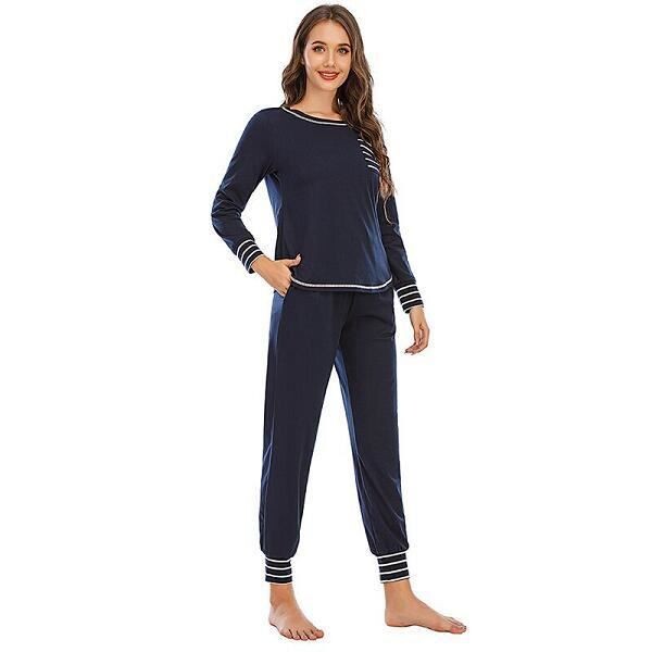 Pyjama femme long,Concis pyjamas femmes automne hiver à manches longues haut + pantalon Long femme pyjama ensemble sommeil salon v